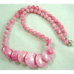 Jade Necklace, coin round, pink, 16 inch, 16 inch length, big round bead:21mm dia,round bead:6mm [JADENK023]