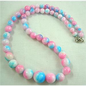 Jade Necklace, Round, pink/blue, 16 inch, 6-14mm dia,16 inchlength [JADENK024]
