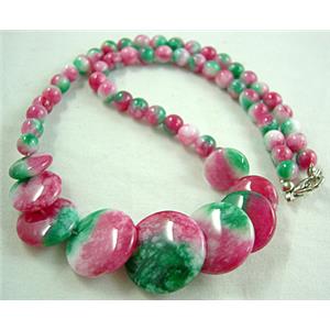 Jade Necklace, coin round, pink/green, 16 inch, 16 inch length, big round bead:21mm dia,round bead:6mm [JADENK025]