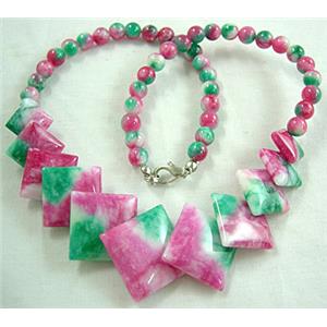 Jade Necklace, square, pink/green, 16 inch, 16 inchlength, big square:21mm, round beads:6mm dia [JADENK026]