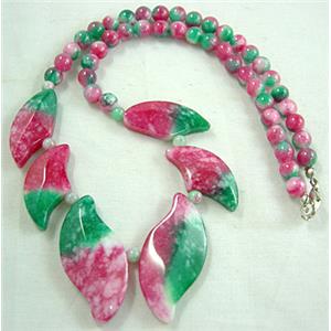 Jade Necklace, leaf, red/green, 16 inch, 16 inchlength, big leaf:17x35mm, round bead:6mm [JADENK027]