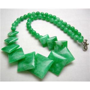 Green Jade Necklace, square, 16 inch, 40cm length, big square:21mm, round beads:6mm dia [JADENK001]