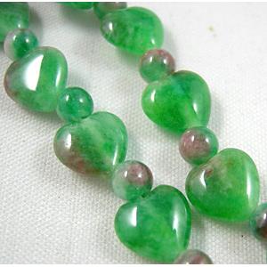 Jade beads, heart, round, green, 36pcs(8mm wide heart and 4mm dia round jade beads) [JDHT01]