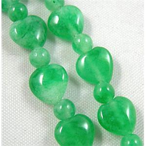 Jade beads, heart, round, green, 36pcs(8mm wide heart and 4mm dia round jade beads) [JDTH02]