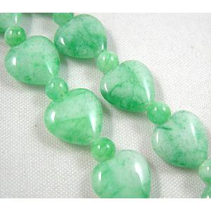 Jade beads, heart, round, green, 30pcs(10mm wide heart , 4mm dia round jade beads) [JDHT03]