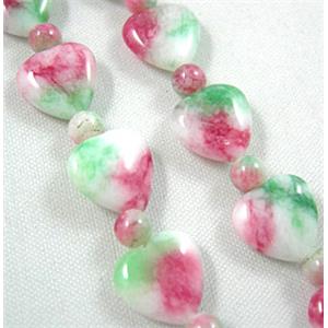 Jade beads, heart, round, pink/white, 30pcs(10mm wide heart , 4mm dia round jade beads) [JDHT04]