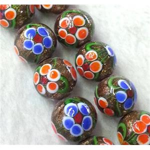 lampwork bead with flower and goldsand, round, 12mm dia [LWBCH171-12MM]