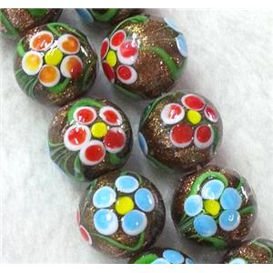lampwork bead with flower and goldsand, round, 12mm dia [LWBCH172-12MM]