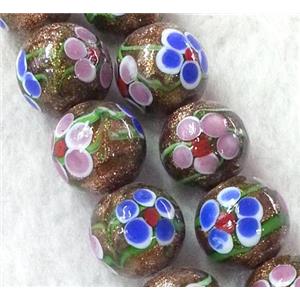 lampwork bead with flower and goldsand, round, 12mm dia [LWBCH173-12MM]