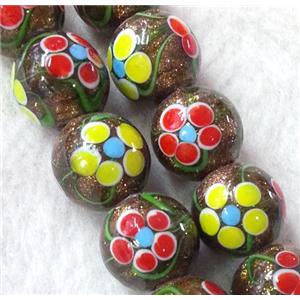 lampwork bead with flower and goldsand, round, 14mm dia [LWBCH174-14MM]