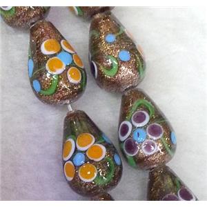 lampwork bead with flower and goldsand, teardrop, 12x18mm [LWBCH175]