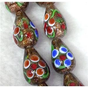 lampwork bead with flower and goldsand, teardrop, 12x18mm [LWBCH176]
