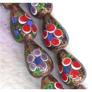 lampwork bead with flower and goldsand, teardrop, 12x18mm [LWBCH177]