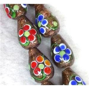 lampwork bead with flower and goldsand, teardrop, 12x18mm [LWBCH178]