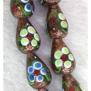 lampwork bead with flower and goldsand, teardrop, 12x18mm [LWBCH179]