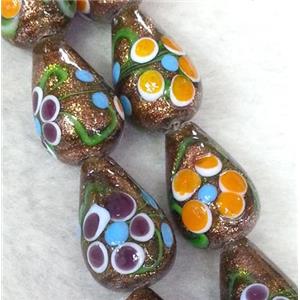 lampwork bead with flower and goldsand, teardrop, 12x18mm [LWBCH180]