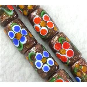 lampwork bead with flower and goldsand, round tube, 10x20mm [LWBCH181]