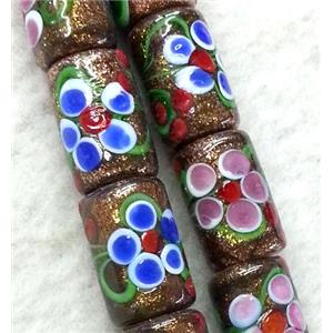 lampwork bead with flower and goldsand, round tube, 10x20mm [LWBCH182]