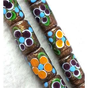 lampwork bead with flower and goldsand, round tube, 10x20mm [LWBCH183]