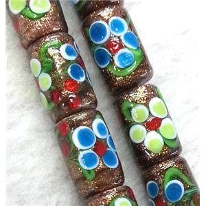 lampwork bead with flower and goldsand, round tube, 10x20mm [LWBCH184]