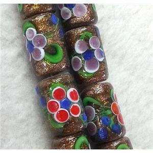 lampwork bead with flower and goldsand, round tube, 10x20mm [LWBCH185]