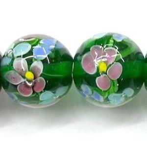 glass lampwork beads, round, flower, green, 14mm dia [LWBCH40C01-14MM]