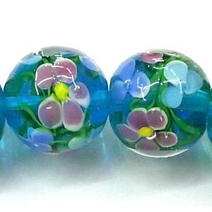 glass lampwork beads, round, flower, aqua, 20mm dia [LWBCH40C06-20MM]