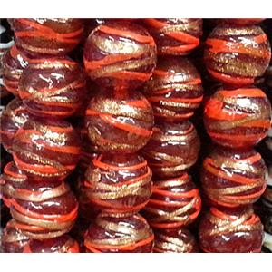 glass lampwork beads with goldsand line, round, red, 12mm dia [LWBCH42C06]