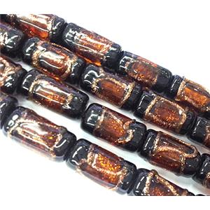 glass lampwork beads with goldsand, tube, coffee, approx 8x16mm [LWBCH44C05]