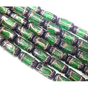 glass lampwork beads with goldsand, tube, green, approx 8x16mm [LWBCH44C09]