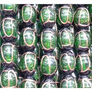 glass lampwork beads with goldsand line, barrel, green, 16x22mm [LWBCH45C02]
