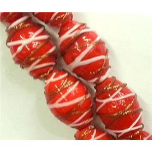 Lampwork Glass bead with goldsand, barrel, stripe, red,, 15x23mm [LWBCH55]
