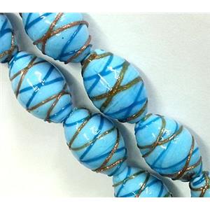 Lampwork Glass beads with goldsand, barrel, stripe, aqua, 15x23mm [LWBCH57]