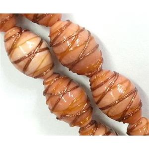 Lampwork Glass bead with goldsand, barrel, stripe, orange, 15x23mm [LWBCH58]