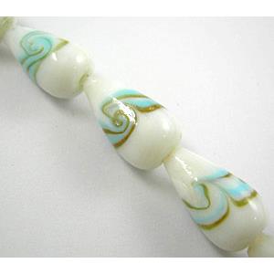 lampwork glass beads with swirl goldsand, teardrop, white, 12x20mm, 20pcs per st [LWBDR01C05]
