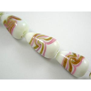 lampwork glass beads with swirl goldsand, teardrop, white, 12x20mm, 20pcs per st [LWBDR01C06]