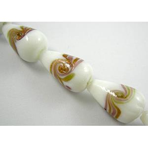 lampwork glass beads with swirl goldsand, teardrop, white, 12x20mm, 20pcs per st [LWBDR01C07]