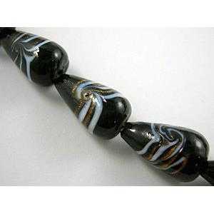 lampwork glass beads with swirl goldsand, teardrop, black, 12x20mm, 20pcs per st [LWBDR01C09]