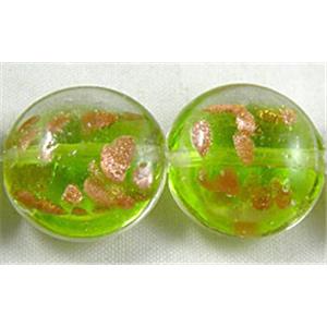 lampwork glass beads with goldsand, flat-round, green, 20mm dia, 20pcs per st [LWBFR02C08]