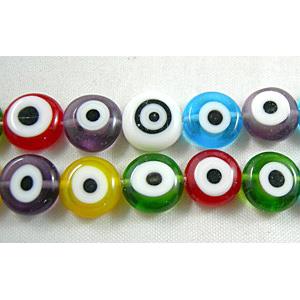 lampwork glass beads with evil eye, flat-round, mixed color, 12mm dia, 33pcs per st [LWBFR046-12MM]
