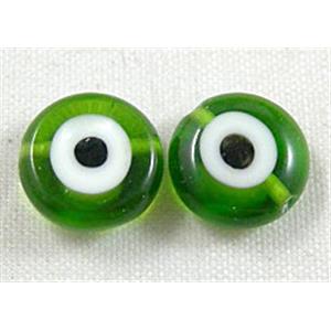 lampwork glass beads with evil eye, flat-round, green, 10mm dia, 40pcs per st [LWBFR047-10MM]
