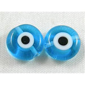 lampwork glass beads with evil eye, flat-round, blue, 12mm dia, 33pcs per st [LWBFR050-12MM]