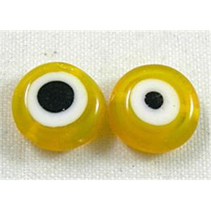 lampwork glass beads with evil eye, flat-round, yellow, 8mm dia, 50 pcs per st [LWBFR051]