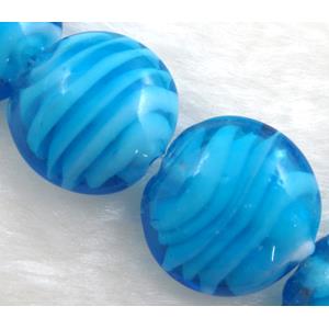 lampwork glass beads, flat-round, swirl line, blue, 20mm dia, 20pcs per st [LWBFR06C01]