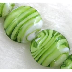 lampwork glass beads, flat-round, swirl line, green, 20mm dia, 20pcs per st [LWBFR06C02]