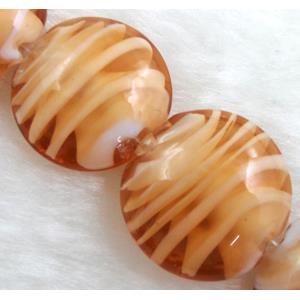 lampwork glass beads, flat-round, swirl line, orange, 20mm dia, 20pcs per st [LWBFR06C04]