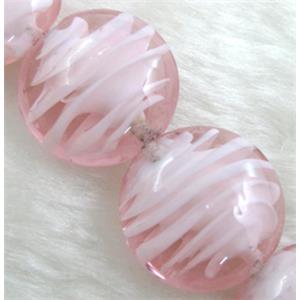 lampwork glass beads, flat-round, swirl line, pink, 20mm dia, 20pcs per st [LWBFR06C05]