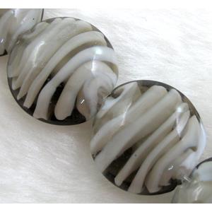 lampwork glass beads, flat-round, swirl line, grey, 20mm dia, 20pcs per st [LWBFR06C06]