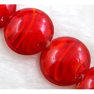 lampwork glass beads, flat-round, swirl line, ruby, 20mm dia, 20pcs per st [LWBFR06C07]