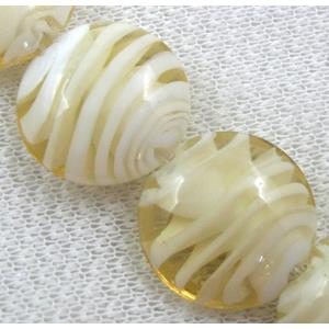 lampwork glass beads, flat-round, swirl line, lt.yellow, 20mm dia, 20pcs per st [LWBFR06C08]